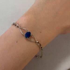 R 925 Sterling Silver Blue Imitation Opal Dainty Open Link Chain Bracelet 8.25”